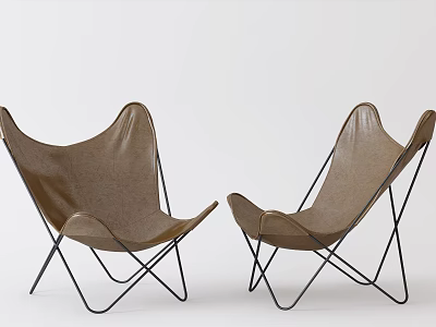 Pair of Brown Leather Leisure Chairs With Stylish Black Metal Frame Design 3d model