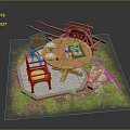 Round Wooden Outdoor Table With Chairs Tableware On Gravel Ground And Grass Area