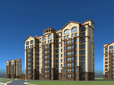 Modern Residential Building Exterior Design With Balconies Windows Green Lawn And Road 3d model