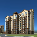 Modern Residential Building Exterior Design With Balconies Windows Green Lawn And Road