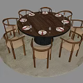Round Wooden Dining Table Set With Eight Upholstered Chairs And Tableware 3d model
