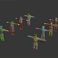 Military Soldier Models in Various Military Uniforms with Arms Outstretched Pose on Dark Background