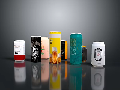 Assorted Colorful Beverage Cans With Diverse Designs And Labels On Reflective Surface 3d model