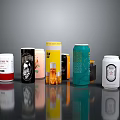 Assorted Colorful Beverage Cans With Diverse Designs And Labels On Reflective Surface