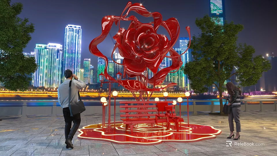Giant Red Rose Sculpture Illuminated At Night With City Skyline And People Around 3d model 