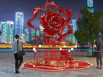 Giant Red Rose Sculpture Illuminated At Night With City Skyline And People Around 3d model