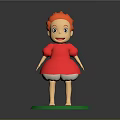 Cute Child Figure With Red Hair And Red Dress Standing On Green Base