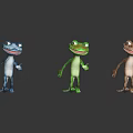 Colorful Blue Green Brown Cartoon Frog Characters Standing On Dark Reflective Background