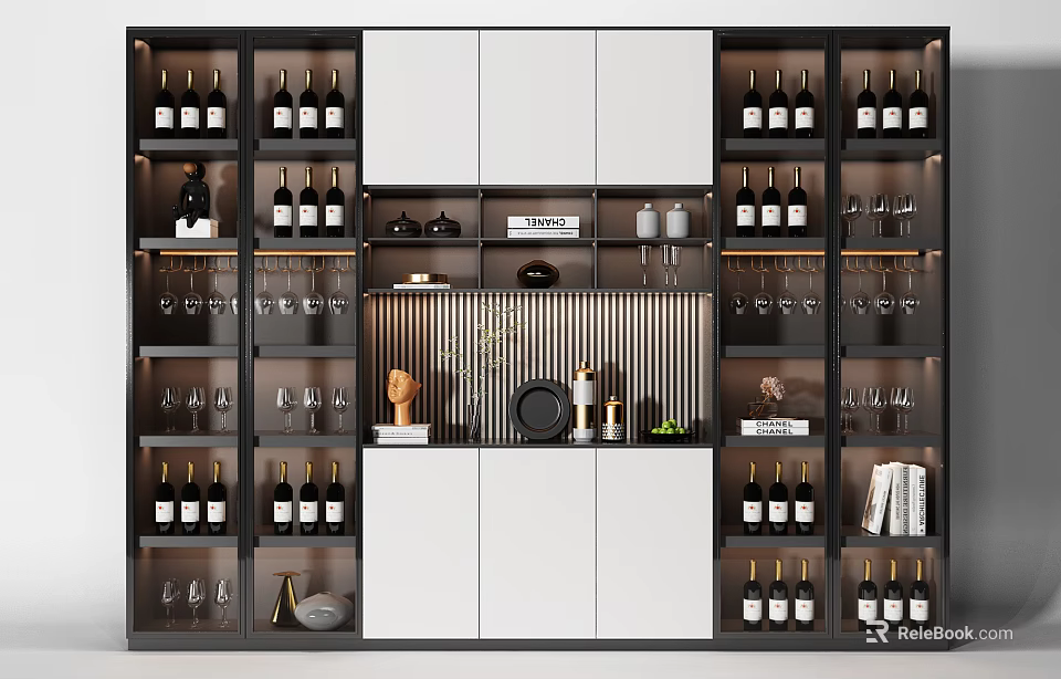 Modern Wine Cabinet With Multi Layer Racks Glass Shelves And Decorative Items 3d model 