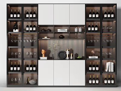 Modern Wine Cabinet With Multi Layer Racks Glass Shelves And Decorative Items 3d model