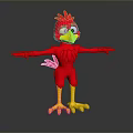 Red Cartoon Bird With Spread Arms Yellow Beak And Feet Against Gray Background