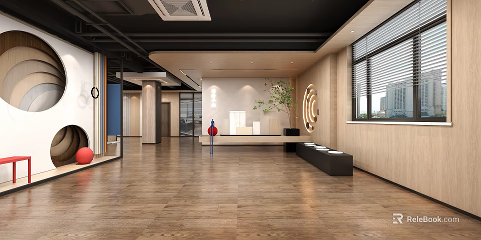 Modern Lobby Interior With Wooden Flooring Walls Circular Decor Green Plant And Bench 3d model 
