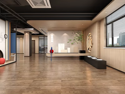 Modern Lobby Interior With Wooden Flooring Walls Circular Decor Green Plant And Bench 3d model