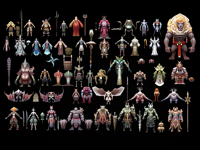 Diverse Game And Movie Characters With Various Costumes Weapons And Mythical Designs 3d model