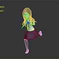 3D Anime School Girl Character With Long Black Hair Red Tie Blue Skirt Running Pose