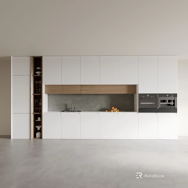 Modern Kitchen Featuring White Cabinets Wooden Countertop And Integrated Appliances 3d model 