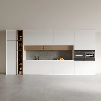 Modern Kitchen Featuring White Cabinets Wooden Countertop And Integrated Appliances 3d model