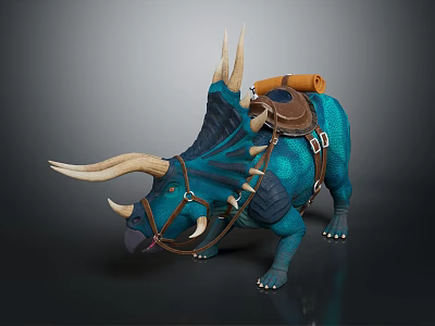 Blue Horned Spiked Back Creature With Saddle And Rolled Blanket As Riding Mount For Adventurers 3d model