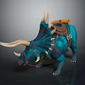 Blue Horned Spiked Back Creature With Saddle And Rolled Blanket As Riding Mount For Adventurers