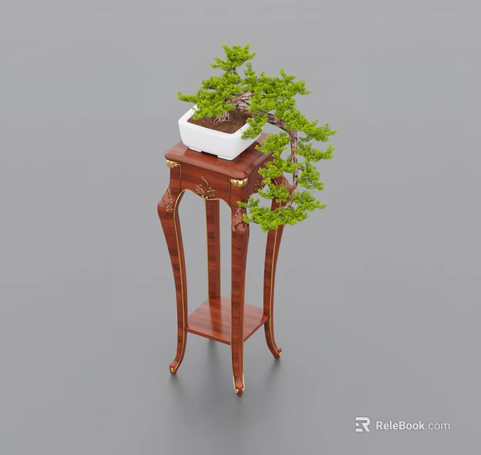 Wooden Plant Stand with Carved Details Holding White Flower Pot and Bonsai Tree 3d model 