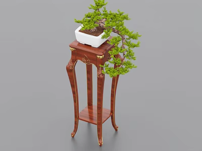 Wooden Plant Stand with Carved Details Holding White Flower Pot and Bonsai Tree 3d model