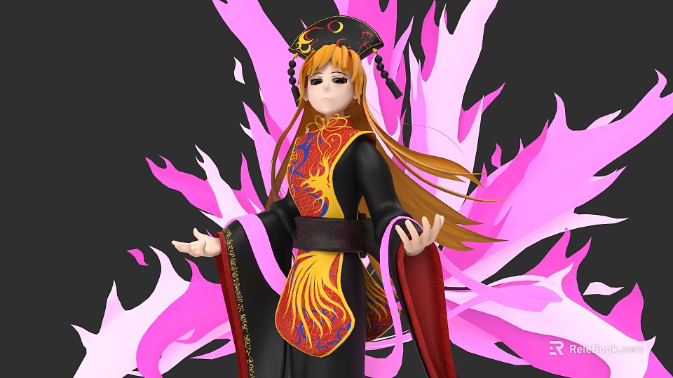 Elegant Game Movie Character With Phoenix Pattern Costume Long Golden Hair and Pink Flame Background 3d model 