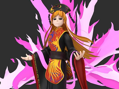 Elegant Game Movie Character With Phoenix Pattern Costume Long Golden Hair and Pink Flame Background 3d model