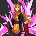 Elegant Game Movie Character With Phoenix Pattern Costume Long Golden Hair and Pink Flame Background
