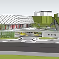 Modern Sales Office Building With Unique Roof Design Green Landscape And Water Feature
