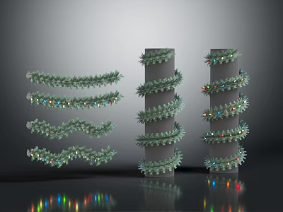 Festive Decorative Column Furniture Design With Spiral Green Garland And Colorful Lights 3d model