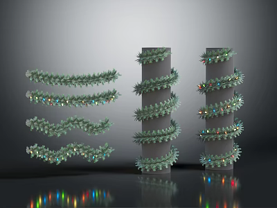 Festive Decorative Column Furniture Design With Spiral Green Garland And Colorful Lights 3d model