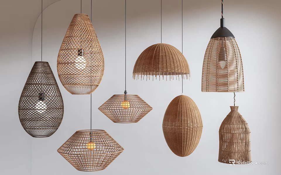 Woven Pendant Lights with Various Shapes Hanging for Stylish Interior Decor 3d model 