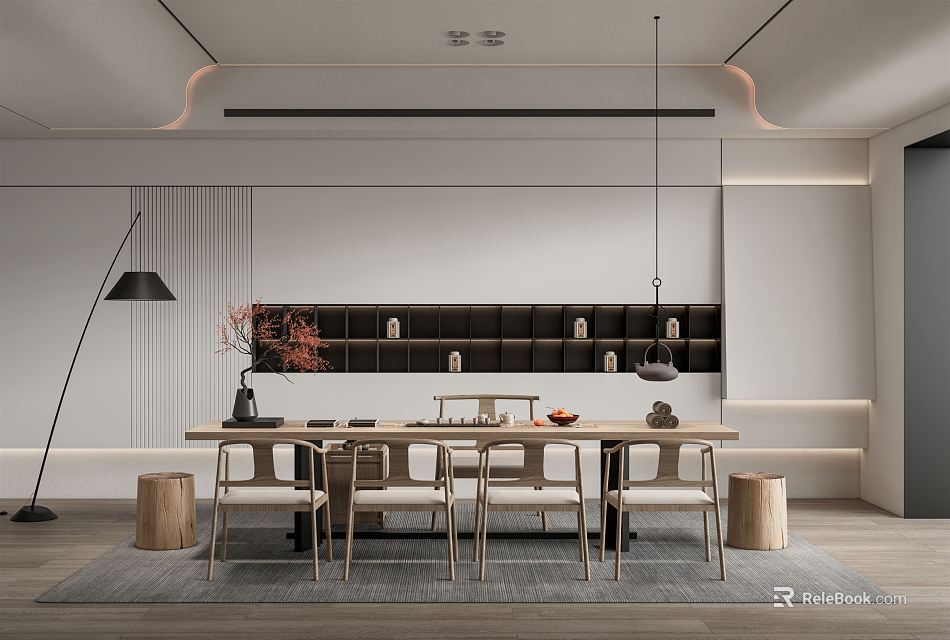 Modern Minimalist Tea Room Interior Design With Wooden Table Chairs Wall Shelves And Pendant Lights 3d model 