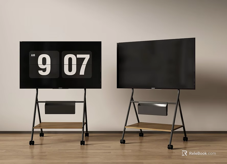 Two Televisions on Wheeled Stands with Shelves Left Screen Showing Time 3d model 