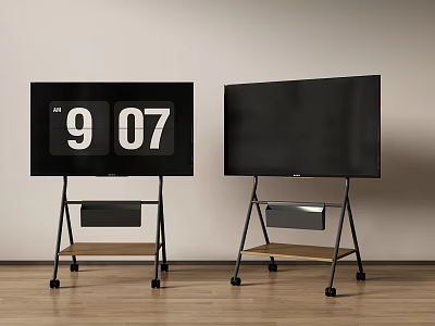 Two Televisions on Wheeled Stands with Shelves Left Screen Showing Time 3d model