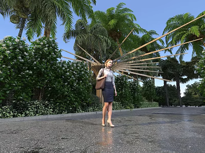 Roadside Facilities Along Asphalt Road With Palm Trees Green Shrubs And Wooden Sunshade Structure 3d model
