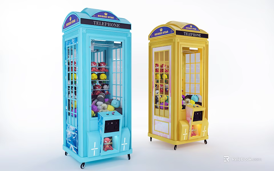 Amusement Equipment Telephone Booth Shaped Claw Machines in Blue Yellow with Stuffed Toys Inside 3d model 