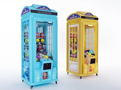 Amusement Equipment Telephone Booth Shaped Claw Machines in Blue Yellow with Stuffed Toys Inside 3d model