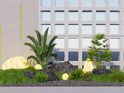 Modern Garden Ornaments With Banana Palm Plants Stones Grass And Building Front 3d model