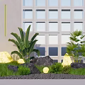 Modern Garden Ornaments With Banana Palm Plants Stones Grass And Building Front