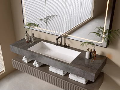 Bathroom Vanity With White Sink Faucet Toiletries Towels Mirror And Green Plants 3d model