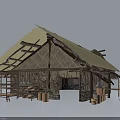 Rustic Log Cabin Exterior With Thatched Roof Wooden Frames Barrels Shelves And Bench
