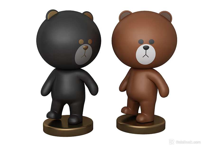 Adorable Black and Brown Bear Dolls Standing on Round Base Stands 3d model 