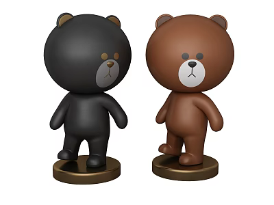 Adorable Black and Brown Bear Dolls Standing on Round Base Stands 3d model