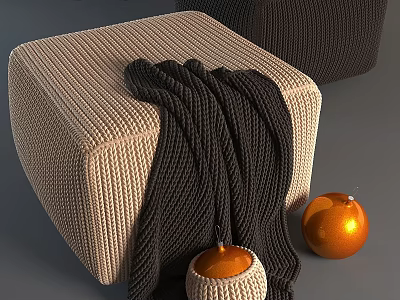 Beige And Dark Brown Knitted Sofa Stool With Dark Knitted Blanket And Orange Decor 3d model