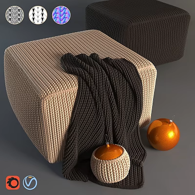 Beige And Dark Brown Knitted Sofa Stool With Dark Knitted Blanket And Orange Decor 3d model