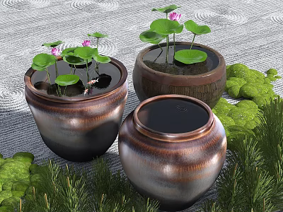 Garden Ornaments Ceramic Jars With Water Lotus Leaves Pink Flowers Green Plants And Moss 3d model