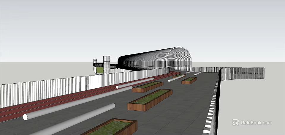 Modern Arch Bridge With Green Planters Pedestrian Pathway And White Railings 3d model 
