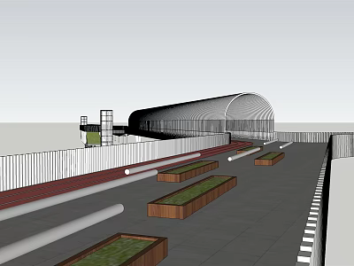 Modern Arch Bridge With Green Planters Pedestrian Pathway And White Railings 3d model
