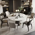 Modern Round Marble Dining Table Set With Gray Brown Chairs Rug And Lighting 3d model